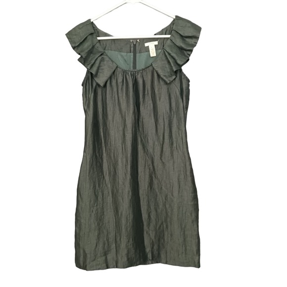 J Crew Dress Womens 4 Linen Blend Ruffle Shoulders Knee Length Pockets Green - Picture 1 of 6